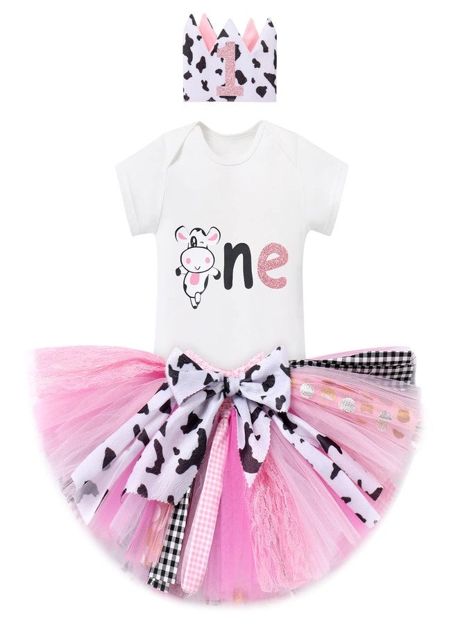 AWIBMK Baby Girl 1st Birthday Outfit Farm Cow Giraffe Romper Tutu Skirt Crown Headband Round Neck Animals Themed Cake Smash Photo Shoot Short Sleeve 3Pcs Clothes Set White + Pink Cow One 12-18M - Image 1